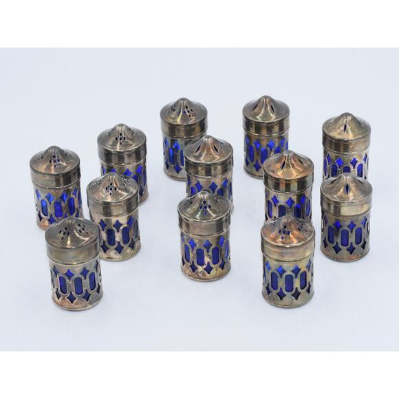 Filigree Sterling Silver Plate Cobalt Blue Glass Mini Salt Pepper Shakers 12pc - Picture 6 of 6
